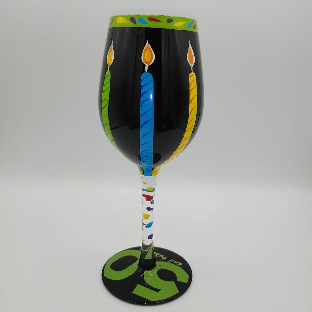 Lolita 50 and Fabulous Happy Birthday Hand Painted Recipe Wine Glass Goblet
